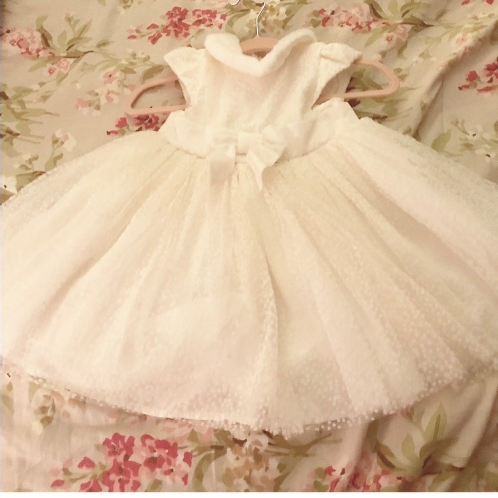 Little me off white faux fur collar dress